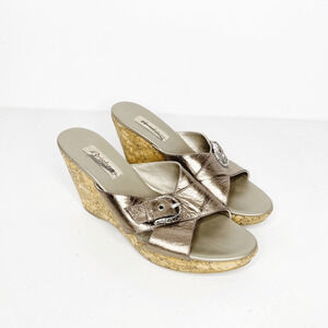 Brighton Wedge Sandal Women's 8.5 Gold Silver Buckle Slip On Shoe $185 EUC